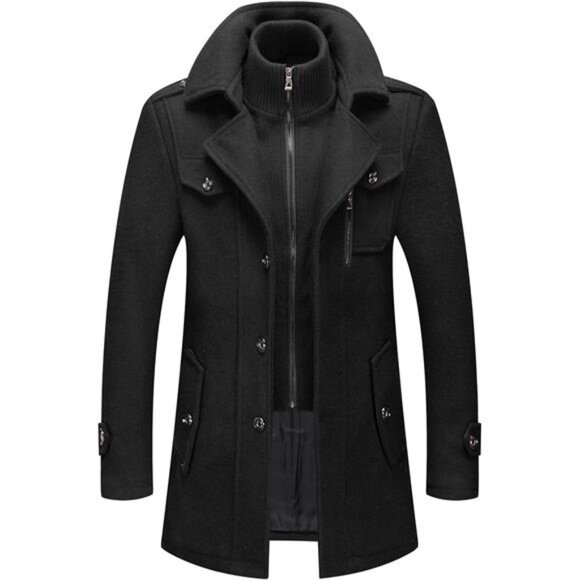 Men's Wool Blend Coat Warm Winter Trench Coat with Detachable Soft Scarf